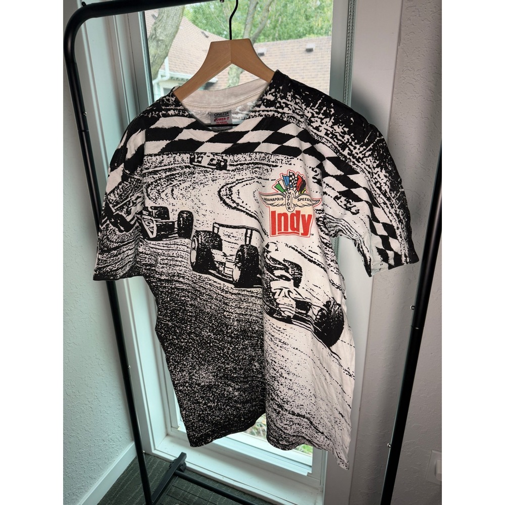 Vintage Oneita Indy 500 All Over Print T-Shirt XL Single Stitch Racing Tee 90s